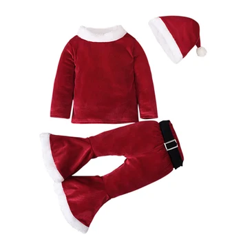Детские рождественские комплекты одежды для новорожденных, зимние флисовые топы + брюки + шапки, Рождественский костюм для малышей, 100