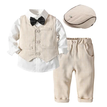 Детский праздничный костюм для мальчика, костюм для малышей, Джентльменский Свадебный полосатый жилет, рубашка, Детские штаны, Верхняя одежда для церемонии для мальчиков 1-6 лет