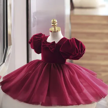Детское годовалое праздничное платье на день рождения для девочек, экзотическое детское винно-красное платье принцессы для девочек, пучок из марли