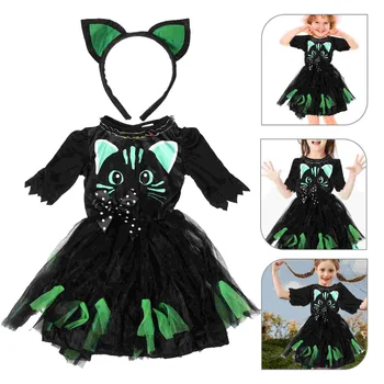 Детское платье с кошкой для девочек, Повязка на голову, Детский костюм на Хэллоуин, одежда для Выступлений для девочек