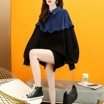 Дизайн, джинсовая панель с отворотом, спортивная одежда, Женский весенне-осенний Тонкий Корейский Свободный топ с длинным рукавом