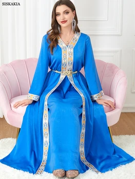 Дубайские платья для женщин Мусульманские комплекты Кружевная лента Абайя Кафтан Марокканское свадебное Элегантное арабское платье с разрезом Рамадан