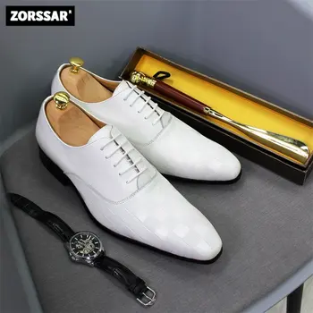 Европейская мужская деловая обувь из натуральной кожи, модные повседневные белые свадебные туфли-оксфорды, официальная высококачественная кожаная обувь ручной работы