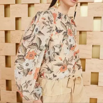 Женская классическая хлопчатобумажная рубашка с принтом, модная блузка с круглым вырезом и пышными рукавами
