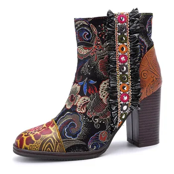 Женские ботинки, Новые короткие сапоги из натуральной кожи с принтом в стиле ретро на высоком каблуке толщиной 7 см на молнии, женские туфли Женская обувь