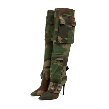 Женские новые камуфляжные зеленые сапоги с карманом на тонком высоком каблуке длиной до колена С заостренными ивовыми гвоздями, большие стильные ботинки для сцены