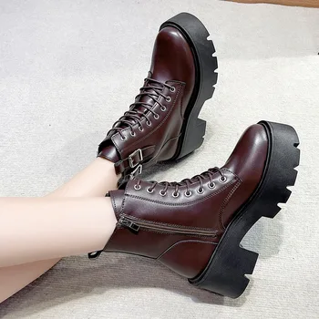 Женские осенние новые короткие ботинки из искусственной кожи на высоком толстом каблуке, женские мотоциклетные ботинки на платформе, женская модная обувь