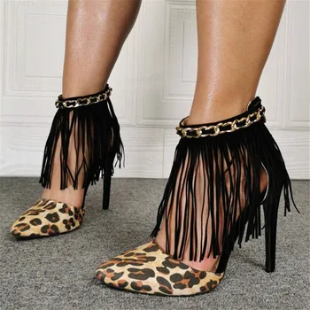 Женские тонкие туфли на высоком каблуке с леопардовым принтом и кисточками в европейском и американском стиле, Повседневные Черные Туфли Большого Размера, однотонные женские туфли на тонком каблуке