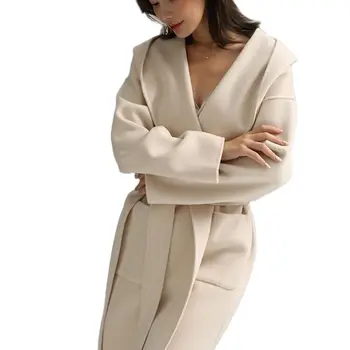 Женское Двустороннее кашемировое пальто средней длины, Модная Шерстяная куртка с капюшоном на шнуровке, для похудения, Шерстяное пальто с капюшоном, однотонное