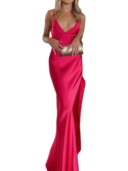 Женское летнее Макси облегающее платье на бретельках с открытой спиной, без рукавов, с разрезом, пляжное вечернее платье-комбинация, клубная одежда