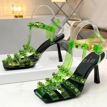 Зеленые Прозрачные женские босоножки на высоком каблуке с квадратным носком и ремешком на щиколотке из ПВХ с кристаллами, Роскошная дизайнерская летняя обувь