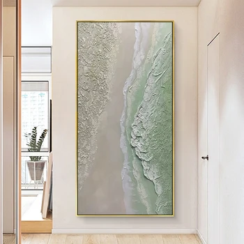 Зеленый Бежевый Пляжный Морской пейзаж, картина ручной работы на холсте, вертикальный очень большой настенный арт-декор для дома