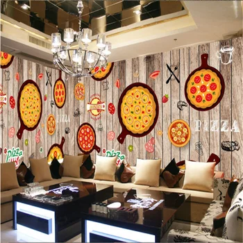 Изготовленный на заказ Западный Ресторан быстрого питания Промышленный декор Деревянная стена Фон Фреска Обои 3D Пицца Снэк-бар Обои 3D