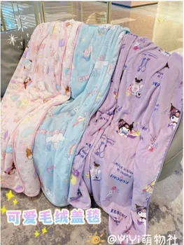 Каваи Санрио Коралловое Шерстяное Одеяло Kuromi Hello Kitty Офисный Обеденный Перерыв Одинарная Утолщенная Нагревающаяся Простыня Аниме Сериал Подарок Для Девочки