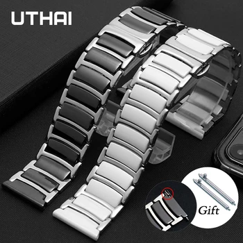 Керамический ремешок UTHAI 20 мм 22 мм Подходит Для Huawei Smartwatch GT2/watch 2Pro/Samsung Аксессуары Для Часов Ремешок из нержавеющей Стали C08