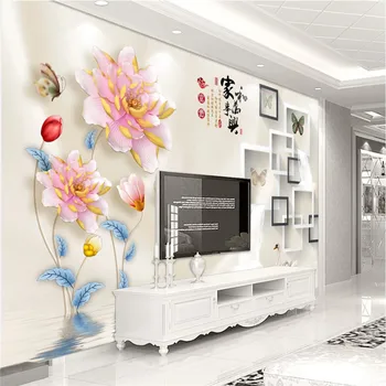 Китайский 3D Стереоскопический рельеф Цветок Семейная гармония Тема ТВ Фон Обои Фреска Современные 3D цветочные обои Домашний декор