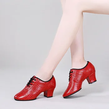 Кожаные женские туфли для латиноамериканских танцев Для взрослых с мягкой разрезной подошвой на каблуке 5 см, обувь для танцев для учителей в помещении и на открытом воздухе, современная женская обувь