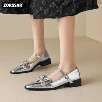 Кожаные туфли на плоской подошве; женская обувь Mary Jane; новинка 2023 года; летняя женская обувь с острым носком и бантиком-бабочкой; тонкие туфли на плоской подошве; маленькие кожаные туфли