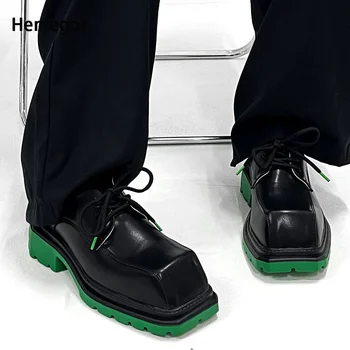 Кожаные туфли с квадратным носком на зеленой подошве, Мужские дерби на шнуровке с большим носком, обувь для жениха с толстой подошвой Advanced Sense