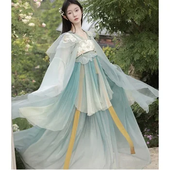 Комплект одежды Hanfu в китайском стиле, Женские винтажные Элегантные с цветочной вышивкой Сказочные танцевальные сценические костюмы, Женские наряды милой принцессы