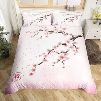 Комплект постельного белья в цветущей вишне, японский стиль, романтическая тема, Розовый пододеяльник, Украшение спальни для пары с ботаническим цветочным рисунком для женщин и девочек