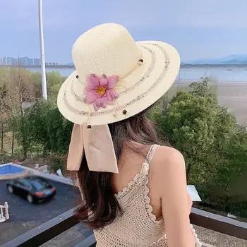 Корейский стиль Бусины Веревка Цветочный декор Сплошной цвет Солнцезащитная Шляпа Женская Соломенная шляпа с большими полями