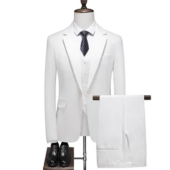 Красивый костюм четырех сезонов, три комплекта однотонной одежды (куртка + жилет + брюки), модный деловой костюм для отдыха, офисный мужской тонкий костюм