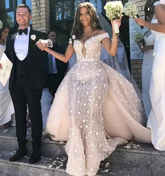 Кружевное Свадебное платье Русалки со съемным шлейфом, Сексуальные свадебные платья с 3D цветами и открытыми плечами, Длинное Женское платье из Саудовской Аравии