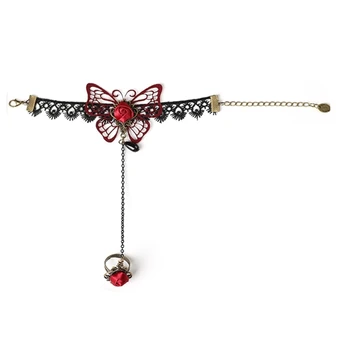 Кружевной браслет в готическом стиле с ретро-цветком и кольцом на палец, сладкий свадебный браслет из бисера