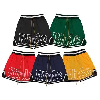 Летние Новые Многоцветные бриджи Rhude Для мужчин и женщин, Сетчатые повседневные Баскетбольные штаны с завязками 1:1, Шорты RHUDE с буквенным принтом и логотипом