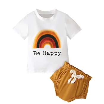 Летний комплект для маленьких девочек, хлопковая футболка с радужным принтом + шорты из полипропилена, комплект одежды для младенцев из 2 предметов