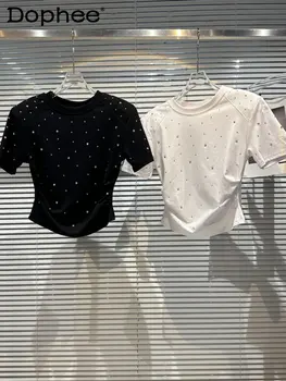Летняя новинка 2023, женская укороченная футболка с короткими рукавами и подкладкой в виде звездного горного хрусталя, Эластичные обтягивающие белые футболки