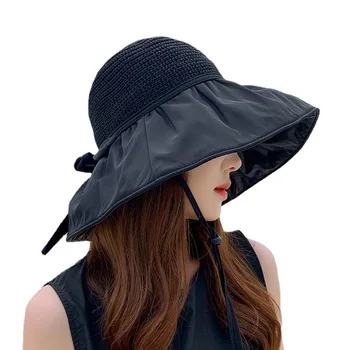 Летняя черная резиновая солнцезащитная шляпа с бантом, женская солнцезащитная шляпа с УФ-защитой, козырек с большими полями, вязаная полая солнцезащитная шляпа, пляжные шапки для купания