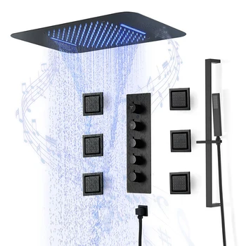 Матовая Черная Душевая система Smart LED С музыкой, встроенные потолочные дождевые насадки для душа, смесители для душа в ванной, термостатические Клапаны с большим потоком