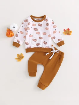Милый Костюм на Хэллоуин для новорожденной девочки или мальчика - Толстовка с рисунком тыквы и штаны для младенцев - Комплект одежды из 2 предметов