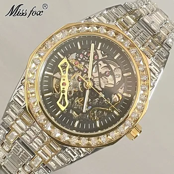Модный бренд MISSFOX Gold Sliver, Полые автоматические мужские часы, Механические наручные часы Со льдом и бриллиантами, Роскошные водонепроницаемые мужские часы