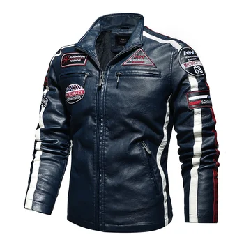 Мужская Винтажная мотоциклетная куртка 2021, мужская модная Новая байкерская кожаная куртка, мужская куртка-бомбер с вышивкой, зимнее флисовое пальто из искусственной кожи