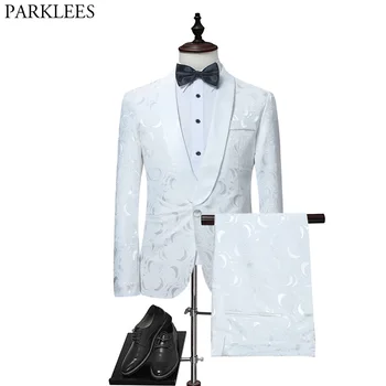 Мужские Белые Цветочные Костюмы на одной пуговице, Вечерние Свадебные Смокинги для жениха, Костюм Жениха из 2 предметов (куртка + брюки), Мужской костюм Mariage Homme