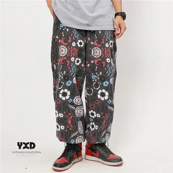 Мужские Джинсы, Уличная Одежда, Повседневные Свободные брюки с цветочным принтом в стиле Граффити, Мужские модные Джинсовые брюки в японском стиле Harajuku