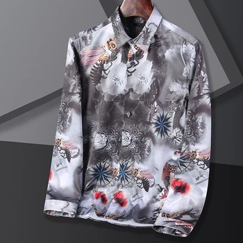 Мужские повседневные Элегантные рубашки Для мужчин, блузка в стиле Харадзюку, рубашка с длинным рукавом и принтом, модный отложной воротник, Тонкий Винтажный оверсайз