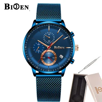 Мужские часы BIDEN от топового люксового бренда, водонепроницаемые спортивные наручные часы, хронограф, кварцевый военный стальной сетчатый ремешок Relogio Masculino