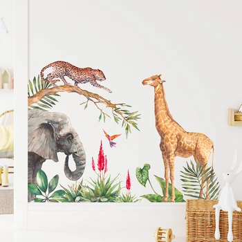 Мультяшный Жираф, Леопард, Слон, Животное, Акварель, Детская Наклейка на стену, Виниловые наклейки для детской комнаты для мальчиков, домашний декор