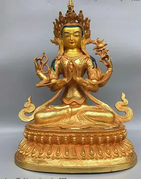Народный Китайский Буддизм Бронзовая Позолоченная Статуя Богини Ченрезиг Кван-инь Гуаньинь с 4 Руками