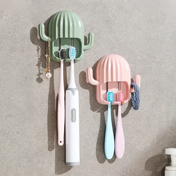 Настенный самоклеящийся держатель для зубных щеток в форме кактуса, настенный стеллаж для хранения зубных щеток, аксессуары для ванной комнаты
