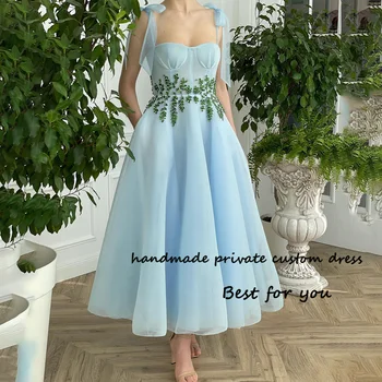 Небесно-голубые тюлевые платья для выпускного вечера с бантиками, зеленые цветочные бусины, милое вечернее платье с карманами, вечерние платья чайной длины