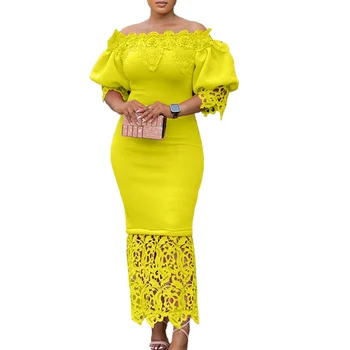 Новая Африканская Модная сумка на одно плечо с открытыми плечами, Модное кружевное платье с рукавами-фонариками, Платье Макси, Ropa Mujer Robe Femme Vestido