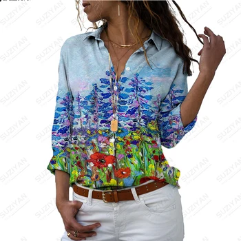 Новая горячая женская рубашка с длинным рукавом, кардиган на пуговицах, элегантная женская шифоновая рубашка с 3D-принтом в виде листьев
