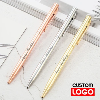 Новая металлическая шариковая ручка из розового золота, Рекламный логотип, Шариковая ручка с выгравированным названием, Школьные и офисные принадлежности