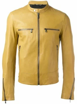 Новая мужская куртка из натуральной овечьей кожи, тонкая желтая байкерская куртка