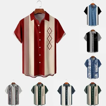 Новая рубашка для боулинга в стиле 50-х годов для мужчин, полосатые повседневные дышащие рубашки с коротким рукавом, мужская летняя уличная одежда